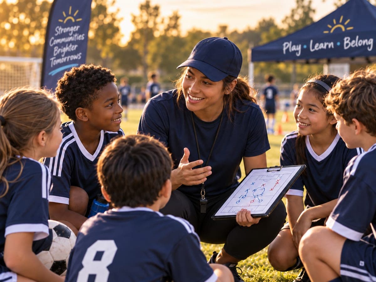 A coach with a clipboard talking to a youth soccer team