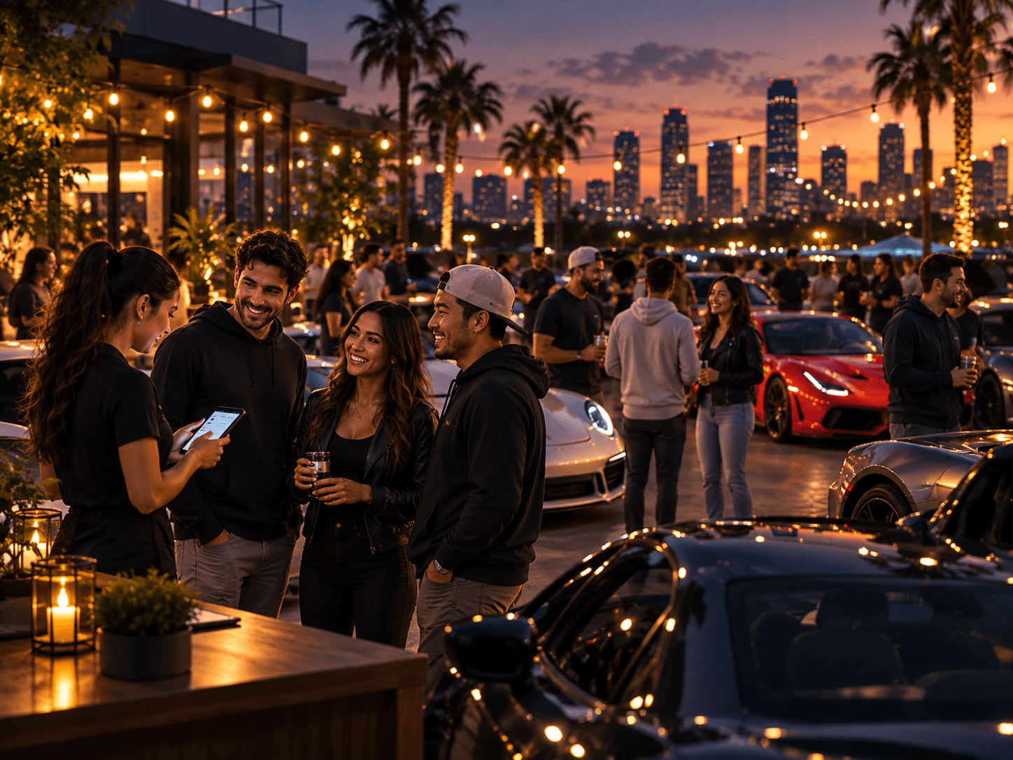 A car meet at dusk, an organizer checking someone in on a phone