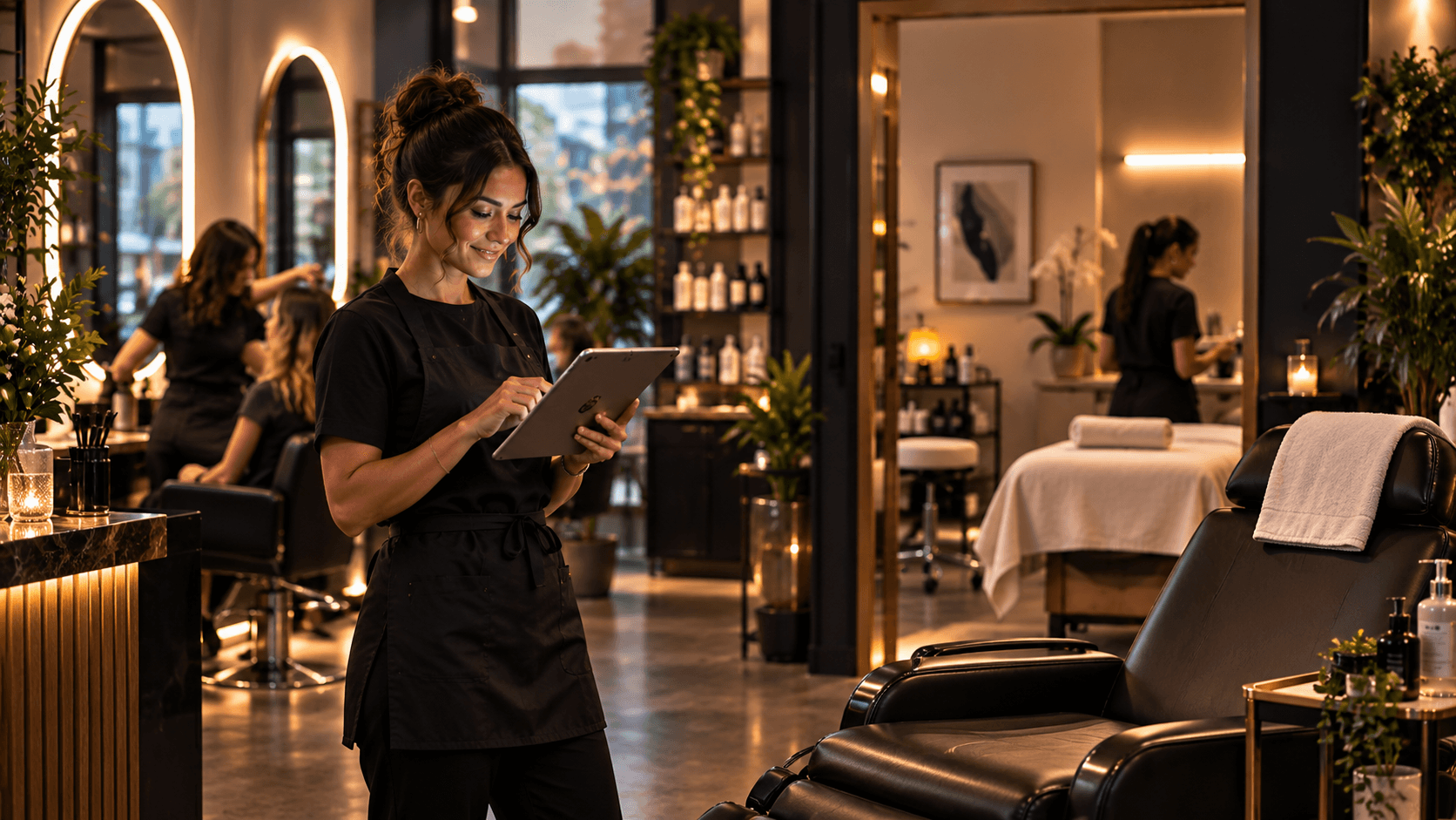 A stylist working through the afternoon on a tablet, treatment room behind her